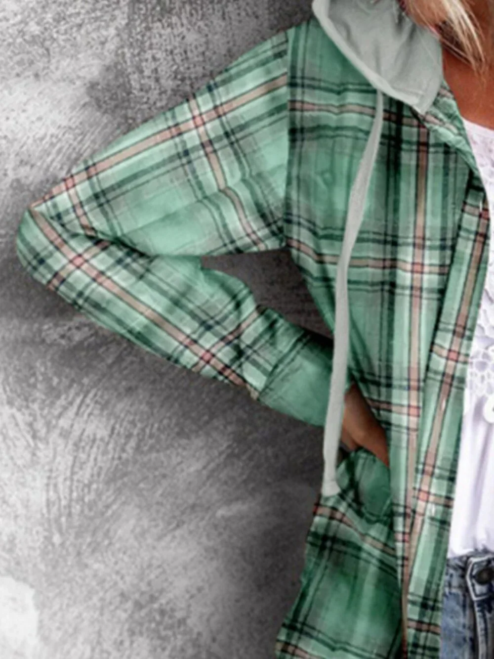 Women's Light Green Plaid Hooded Pullover Shirt Casual Long Sleeve Top